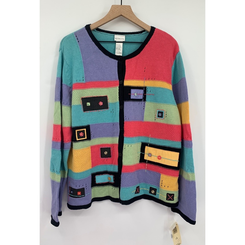Vintage Koret Patchwork Sweater Womens XL Colorblock Colorful Cottage Art NEW